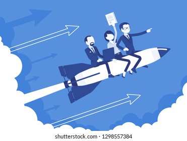 Business team go high to success on rocket. Leaders moving company to the top, profitable strategy developing in right direction. Business motivation concept. Vector illustration, faceless characters