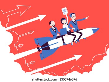 Business team go high to success on rocket. Leaders moving company to the top, profitable strategy developing in right direction. Business motivation concept. Vector illustration, faceless characters