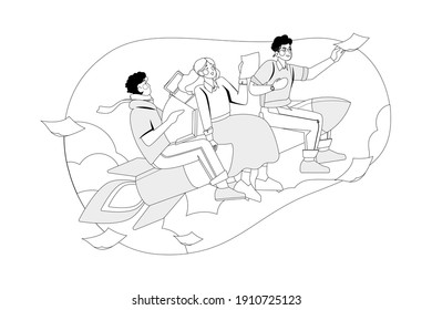 Business team go high to success on a rocket. Flat illustration isolated on white background.