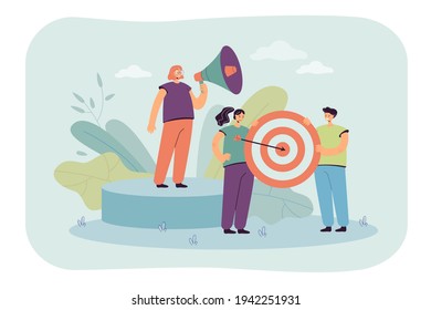 Business team goal achievement flat vector illustration. Team working on business and marketing strategy and purpose. Support, partnership and team holding. Marketing, business, teamwork concept