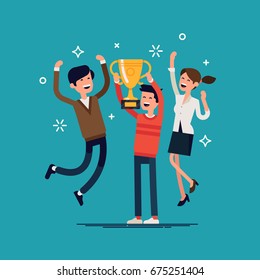 Business Team Goals. Cool Vector Illustration On Casually Clothed Group Of People Celebrating Prize Winning. Small Group Of People Jumping And Cheering Happily Holding Golden Cup Trophy