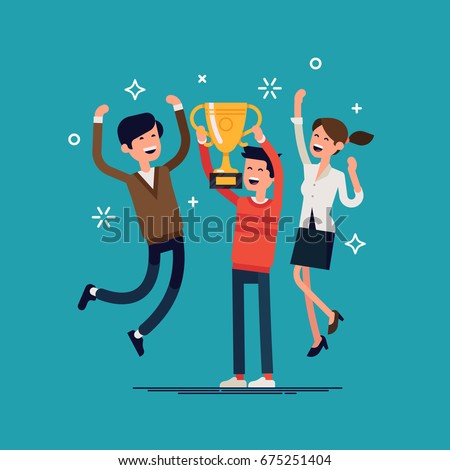 Business team goals. Cool vector illustration on casually clothed group of people celebrating prize winning. Small group of people jumping and cheering happily holding golden cup trophy
