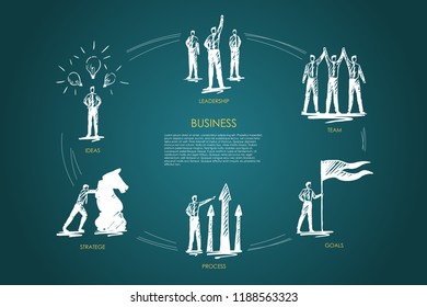 Business, team, goals, stratege, ideas, leadership concept vector set