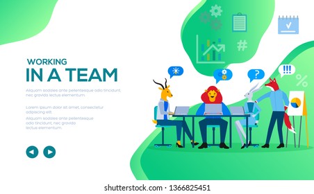 Business team: goat, lion, hare sitting at desk, discussing project, listening to presentation of fox. Concept of successful teamwork, meeting. Flat vector design. Place for text, copy space.