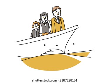 Business team going out to sea on a boat, comical hand-drawn characters, vector, warm line drawing