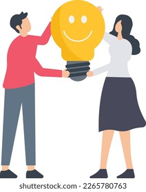 Business team with good business ideas, Work happiness or job satisfaction, passion or enjoyment in the work, employee achievement concept, colleagues working together holding creative bulb concept
