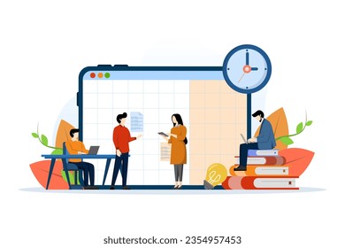 business team group conference meeting concept working for project planning and brainstorming, analysis, business people and monitoring marketing report chart dashboard monitor. vector illustration.