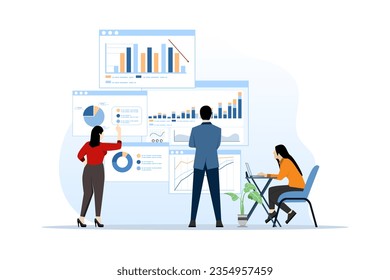 business team group conference meeting concept working for project planning and brainstorming, analysis, business people and monitoring marketing report chart dashboard monitor. vector illustration.