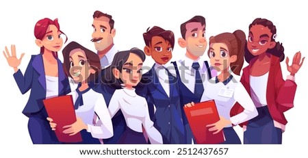 Business team group with diverse people in suits with documents standing, smiling and waving hand. Cartoon vector illustration of male and female corporate coworkers characters community together.