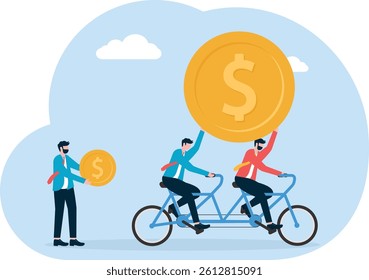Business team group holds huge gold coin while businessman individual holds a small gold coin,

