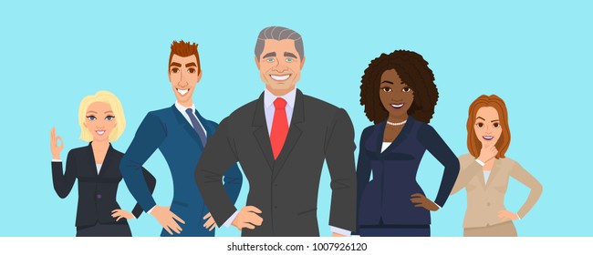 Business team. A group of people dressed in strict suit. Vector illustration in a flat style. business teamwork.isolated vector on a white.People character different nationalities.flat cartoon