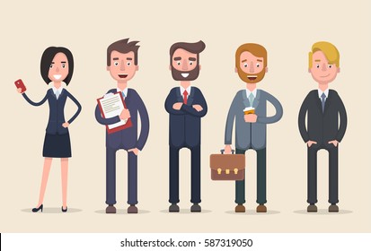 Business team. A group of people dressed in strict suit. Vector illustration in a flat style
