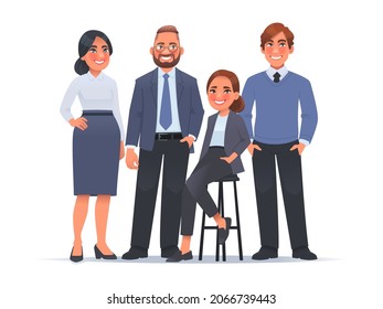 Equipo de negocios. Retrato grupal de colegas, hombres y mujeres sonrientes se unen. Empleados de oficina de la empresa. Ilustración vectorial en estilo de caricatura