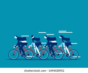 Business Team Group Riding On Tandem Bike Together. Concept Business Vector Illustration, Sport Race, Teamwork, Flat Cartoon Business Style.