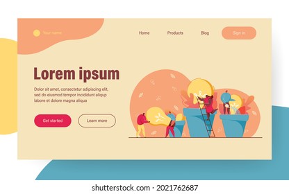 Business team growing ideas as potted plants. Men carrying lightbulb, black girl climbing ladder, man watering idea plant. Business, ecology, teamwork, creativity concept for banner or website design