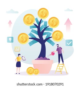 Business team grows large tree with gold coins and bills. Businessman holds watering can and watering money tree. Making money concept. Invest in future and finance management. Vector illustration