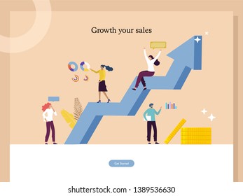 Business team growth increase with stack coin vector illustration concept, businessman analyze financial data, can use for, landing page, template, ui, web, homepage, poster, banner, flyer, wireframe