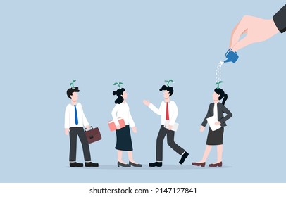 Business Team Growth Mindset, Set Positive Attitude For Teammates, Improve Skill And Creativity To Achieve Group Project Concept, Boss Hand Watering Young Plants On All Employee Heads.