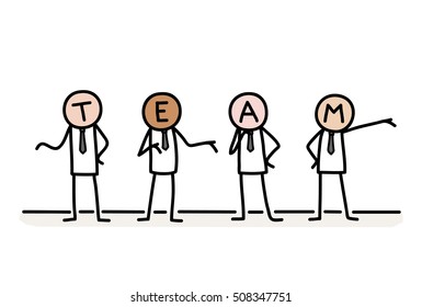 Business Team, a hand drawn vector cartoon illustration of stick figures businessman working together as a team.