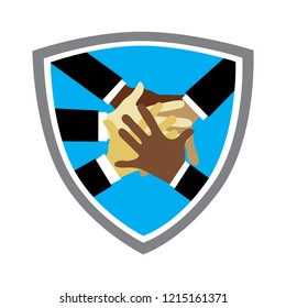 business team hands inside shield, logo icon