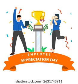 Business team happy with big icon of trophy. Happy employees. Give thanks with trophy for employees great job. Employee appreciation day concept.