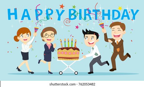 Business Team With Happy Birthday Cake, Illustration Vector Cartoon