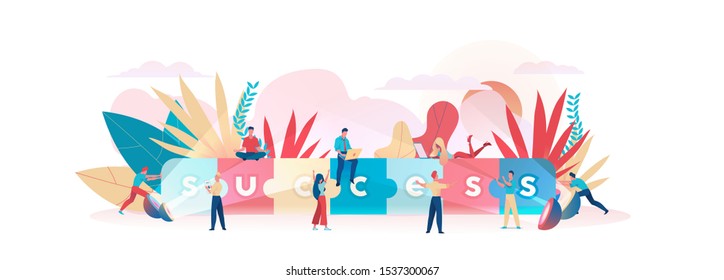 The business team has made successful. The word success is collected from pieces of a puzzle. The metaphor of team victory. The concept of success at work. Vector flat illustration.