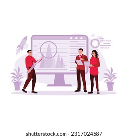 The business team has work meetings in the office, discussing, brainstorming, looking at graphic presentations and taking notes. Trend Modern vector flat illustration.