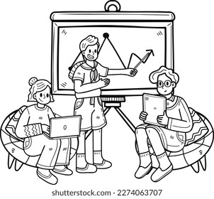 Business team having fun at a meeting illustration in doodle style isolated on background