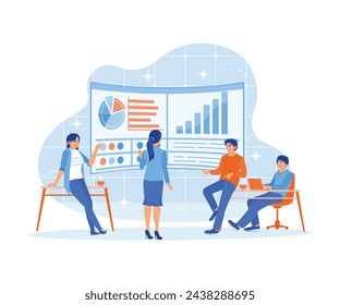 Equipo de negocios que se reúne en la oficina. Discutir los gráficos de desarrollo de negocios. Concepto de reunión de negocios. Ilustración vectorial plana.