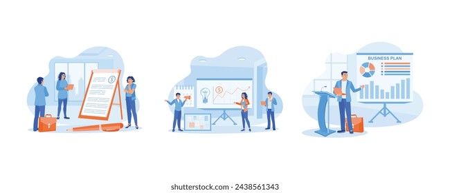 Equipo de negocios que se reúne en la oficina. Comunicación en equipo. Empresario haciendo presentación de plan de negocios en la oficina. Concepto de plan de negocio. Establecer ilustración vectorial plana.