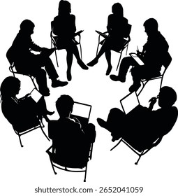Equipo de negocios que tiene silueta de discusión de mesa redonda
