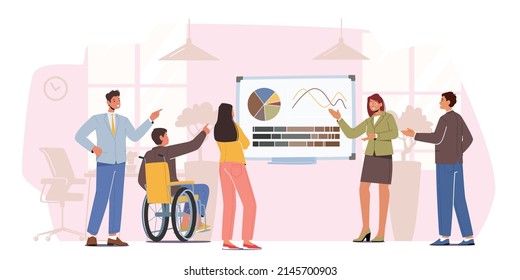 Business Team of Healthy and Disabled Characters Watch Presentation. Coach Pointing on Charts to Employees Explaining Company Strategy and Financial Indicators. Cartoon People Vector Illustration