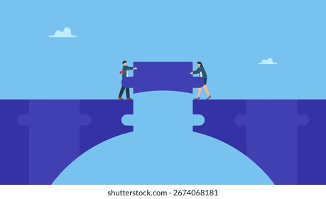 Equipo de negocios ayuda a construir el rompecabezas puente para conectar el camino. Construir un puente de negocios, conectar el camino, la solución o la idea de trabajo en equipo, la cooperación o la colaboración para el éxito juntos.