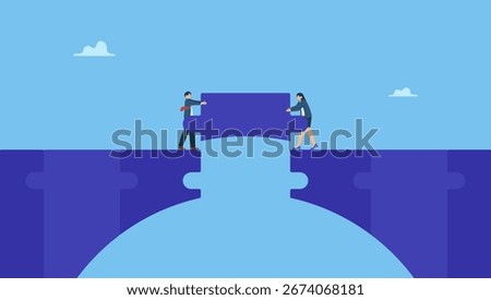 Business team help building the bridge jigsaw puzzle to connect the way. Build business bridge connect path together, solution or teamwork idea, cooperation or collaboration to success together.