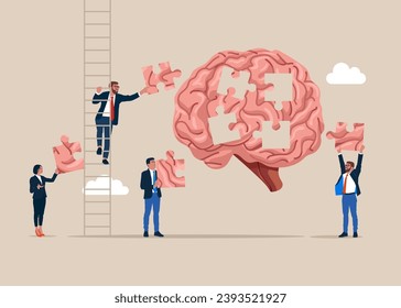 Business team help each other to assemble brain puzzles brain. Flat vector illustration