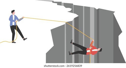 the business team help partners climb up from the cliff. Teamwork concept.

