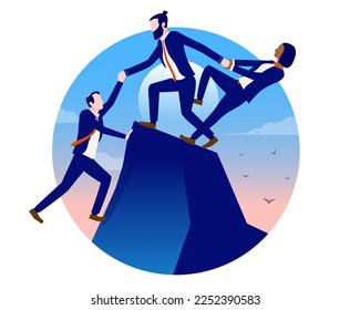 Business team helping each other - Three people on top of mountain giving a helping hand to colleague in white oval frame. Flat design vector illustration