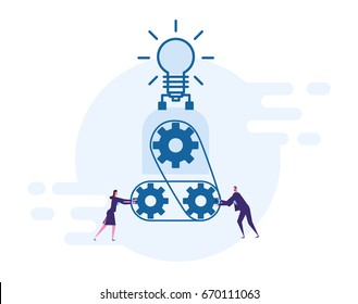A business team is helping to move steering gears to turn on the light.