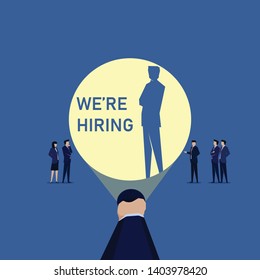 Business team hiring new employee by search with flashlight and shadow. Illustration For Wallpaper, Banner, Background, Book Illustration, And Web Landing Page.