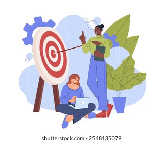 Business team hitting target. Two women near bullseye. Collaboration and cooperation, partnership. Partners work at common project and task. Flat vector illustration isolated on white background