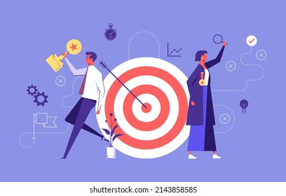 Business team hold big target with arrow in bullseye, teamwork success, target achievement, successful team work. Business vector illustration