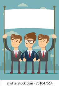 business team holding blank placard. Stock flat vector illustration.