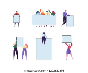 Business Team Holding Empty Banners. Happy People with Blank Billboards. Teamwork Advertising Concept Presentation, Announcement. Vector illustration