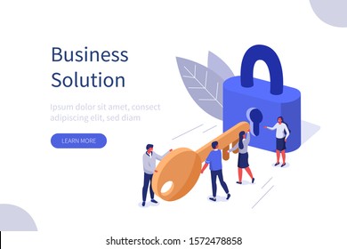 Business Team Holding Golden Key and Unlocking the Lock. Successful Businessman and Businesswoman  Working Together. Business Solution Concept. Flat Isometric Vector Illustration.