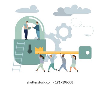 Business Team Holding Golden Key and Unlocking the Lock. Successful Businessman and Businesswoman Working Together. Business Solution Concept. Flat Isometric Vector Illustration