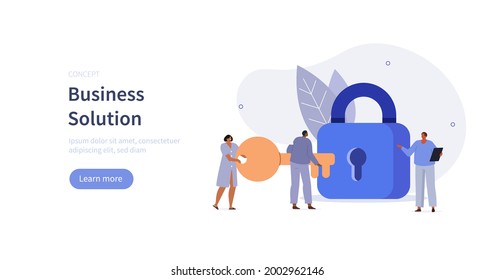 Business team holding golden key and unlocking the Lock. Successful businessman and businesswoman working together. Business solution concept. Flat cartoon vector illustration.