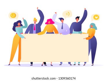 Business team holding in hands empty banners. Happy flat people characters with advertising, blank, billboards, presentation, announcement. Flat, cartoon, trendy, vector illustration.