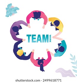 El equipo de negocios se toma de la mano formando un círculo. Lluvia de ideas. Motivación al trabajo en equipo. Colegas de pie mano a mano. Vista superior. Team building. Grupo multiétnico. Ilustración vectorial plana