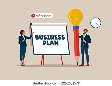 El equipo de negocios sostiene un lápiz de ideas de bombillas a punto de escribir un plan de negocios en pizarra electrónica. Enlistar ideas, estrategias y desarrollar planes para el éxito y ganar negocios. Ilustración vectorial plana moderna.